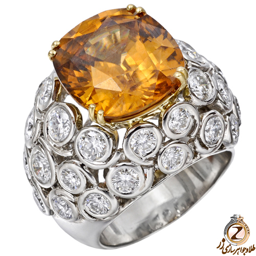 خرید انگشتر بزرگ مجلسی زنانه طلا و جواهر نگین سیترین و برلیان طرح گنبدی - سایت زر