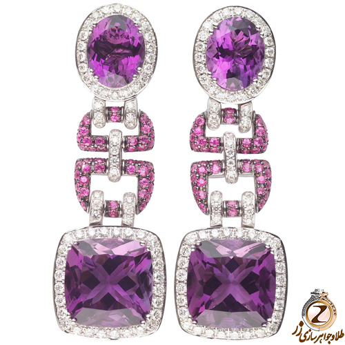 خرید اینترنتی گوشواره طلا سفید بلند و آویزان زنانه جواهر آمیتیست، تورمالین و الماس تراش برلیان