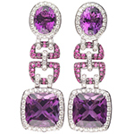 گوشواره طلا سفید بلند و آویزان زنانه جواهر آمیتیست، تورمالین و الماس تراش برلیان مدل: edf1251