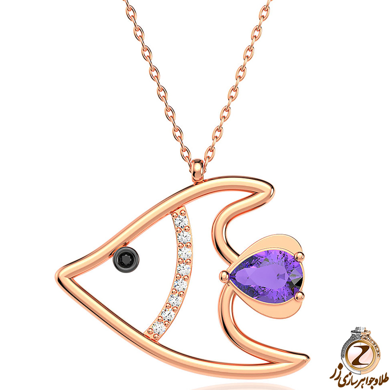 مدل آویز کودکانه با نگین الماس تراش برلیان، یاقوت کبود و آمتیس طرح ماهی