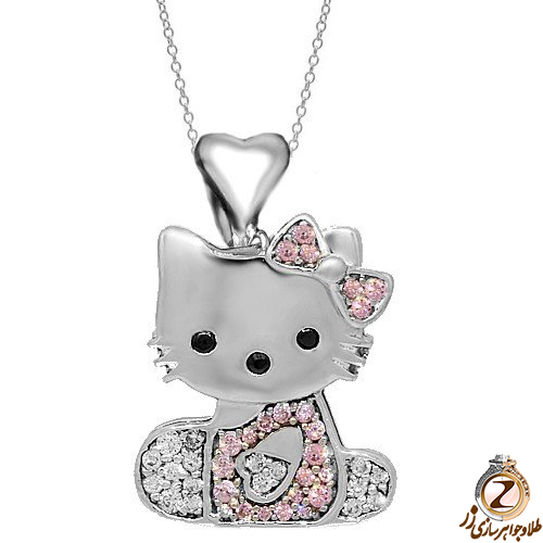 مدل آویز کودکانه طلای سفید با نگین الماس تراش برلیان و تورمالین طرح کیتی