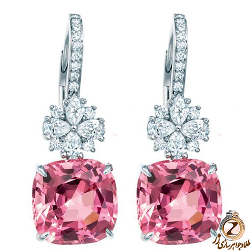 مدل گوشواره طلا جدید طرح گل جواهر نگین تورمالین و برلیان با طلا سفید - قیمت سایت زر