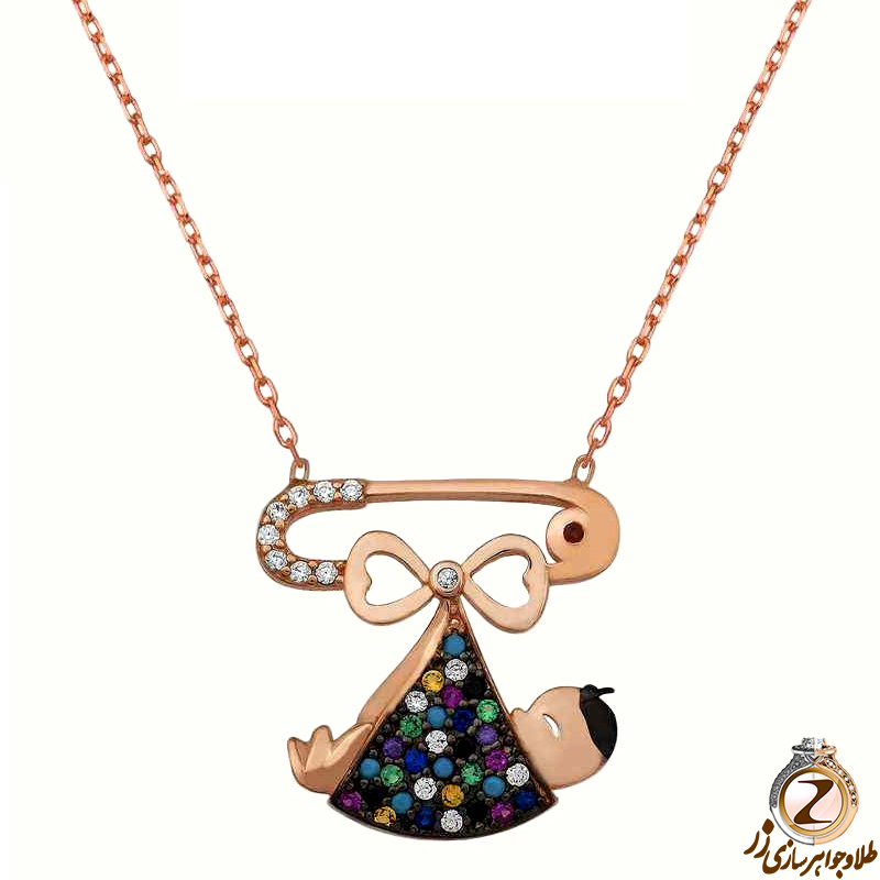 خرید و قیمت گردنبند طلا کودک طرح نوزاد جواهر برلیان و سنگ های رنگی با طرح قلب - سایت زر