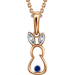 پلاک طلای کودک طرح خرگوش گوش دراز با نگین جواهر برلیان و یاقوت کبود مدل: pgb2241