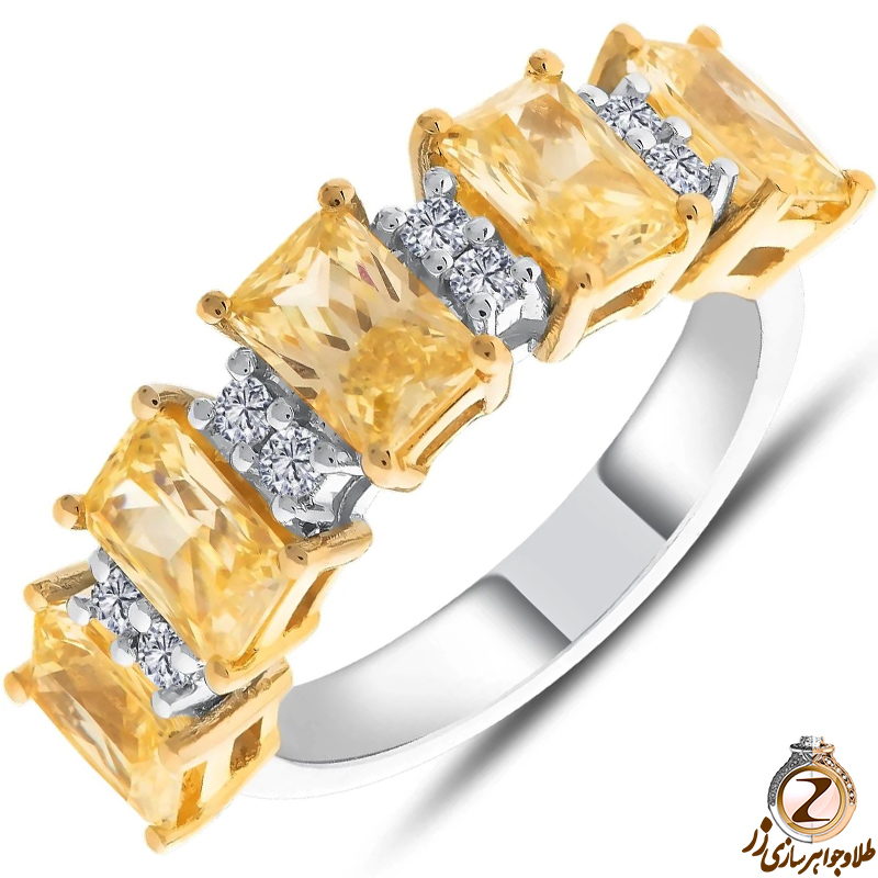 خرید انگشتر طلا زنانه جدید جواهر سیترین و الماس تراش برلیان طرح خاص انگشتر سولیتر پنج تخمه به همراه قیمت در سایت زر