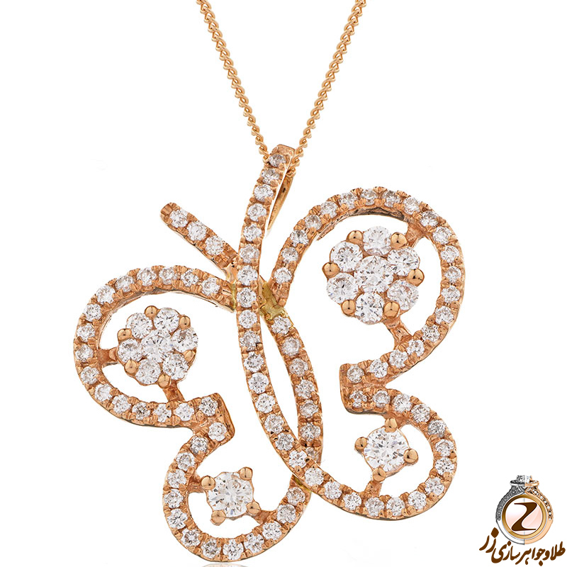خرید پلاک و آویز گردنبند طلا کودک دخترانه طرح پروانه جواهر نگین الماس تراش برلیان به صورت فلاور با قیمت آنلاین در سایت زر