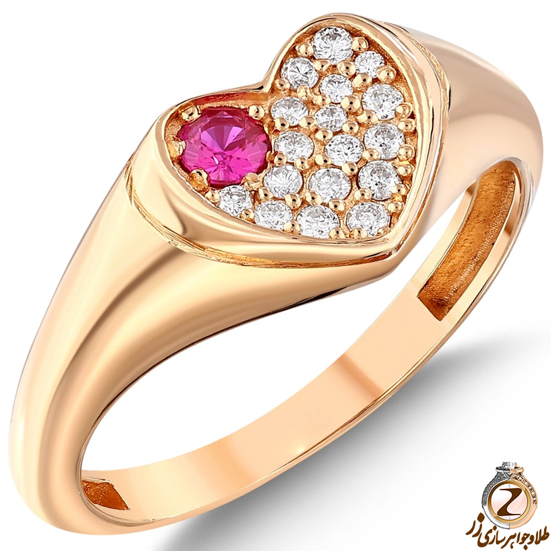 خرید انگشتر طلا زنانه جدید طرح قلب با نگین جواهر یاقوت سرخ و الماس تراش برلیان طرح مینیمال به همراه قیمت در سایت زر