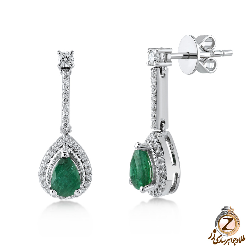 خرید گوشواره طلا سفید زنانه جدید جواهر نگین زمرد و الماس تراش برلیان پشت میخی طرح مدرن به همراه قیمت در سایت زر