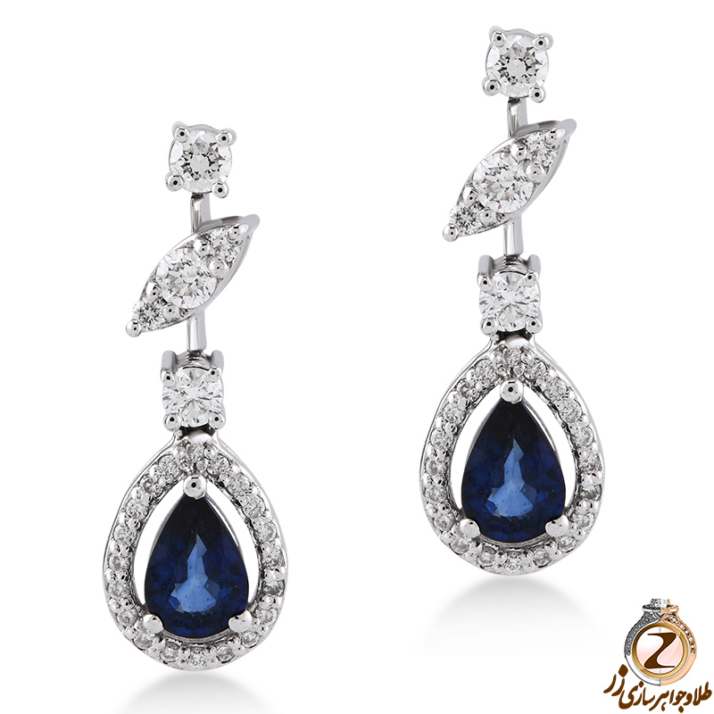 خرید و قیمت گوشواره طلا سفید زنانه جدید جواهر نگین یاقوت کبود و الماس تراش برلیان پشت میخی طرح مارکیز قلم خور - سایت زر