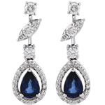 گوشواره طلا سفید زنانه جدید جواهر نگین یاقوت کبود و الماس تراش برلیان پشت میخی طرح مارکیز قلم خور مدل: edf1706