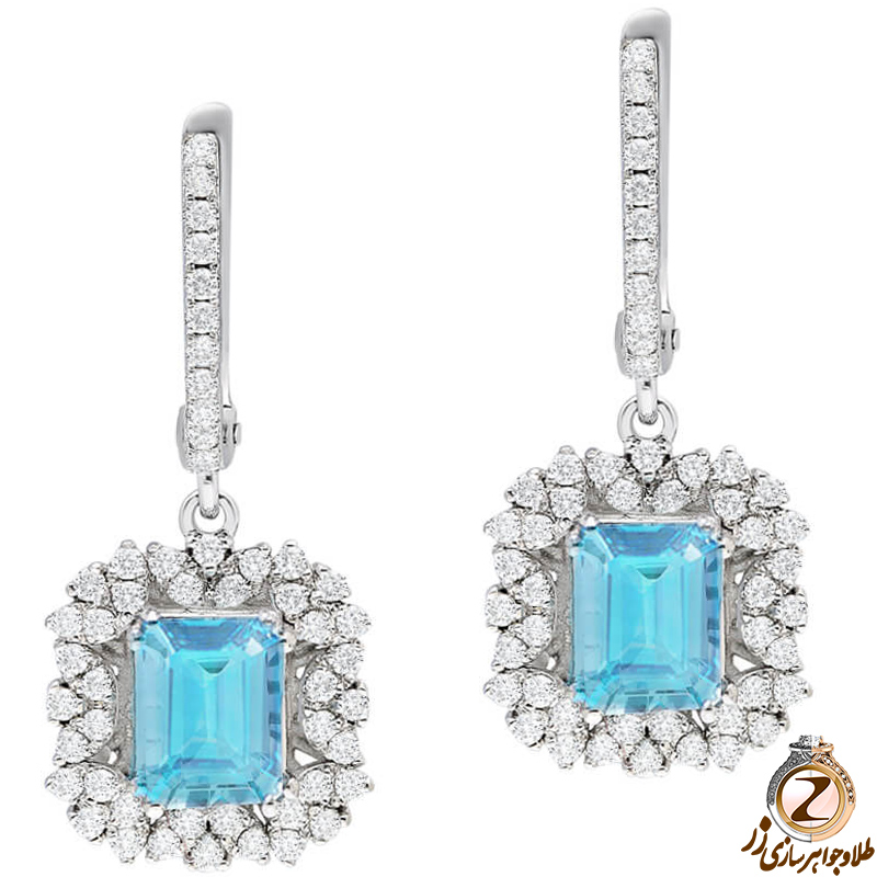 خرید گوشواره طلا سفید زنانه جواهر 18 عیار با نگین توپاز و الماس تراش برلیان طرح کلاسیک به همراه قیمت آنلاین در سایت زر