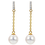 گوشواره طلا و مروارید زنانه جواهر جدید با نگین الماس تراش برلیان و طلای زرد 18 عیار طرح زنجیری بلند مدل: edf1708