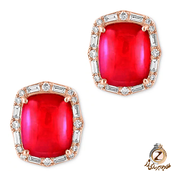 خرید گوشواره طلا زنانه جدید جواهر عقیق سرخ و الماس تراش باگت و برلیان طرح پشت میخی لاله گوش به همراه قیمت آنلاین در سایت زر