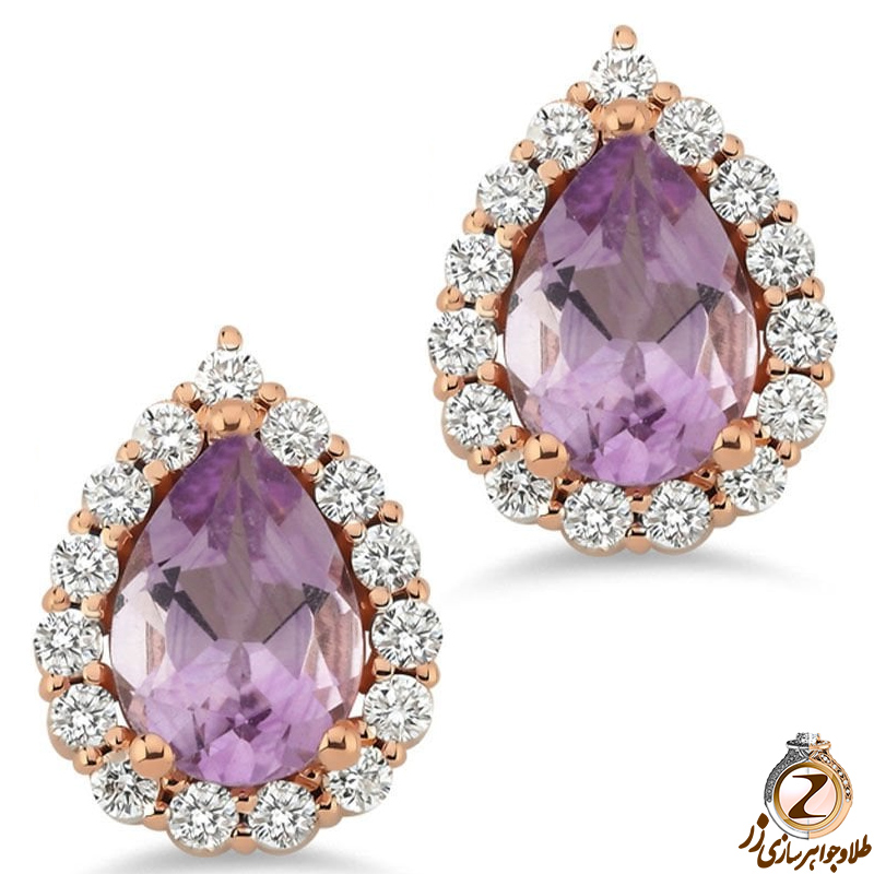 خرید گوشواره طلا زنانه جدید جواهر میخی با نگین آمیتیست تراش اشک و الماس تراش برلیان به همراه قیمت در سایت زر