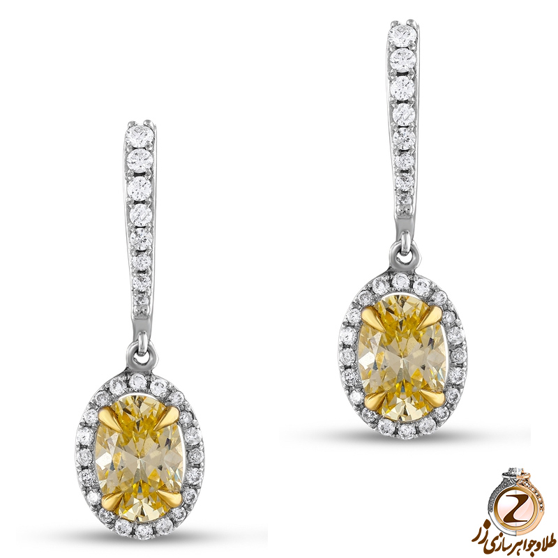 قیمت خرید گوشواره طلا زنانه جدید سفید 18 عیار جواهر و سنگ سیترین و الماس تراش برلیان ترند سال - سایت زر