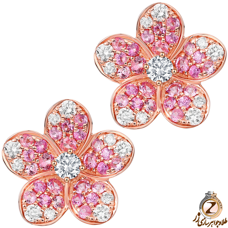 خرید گوشواره گل طلا زنانه جدید جواهر نگین یاقوت سرخ و الماس تراش برلیان پشت میخی طرح گل رز - سایت زر