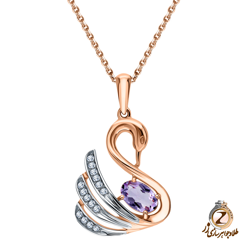 خرید پلاک و آویز طلا کودک دخترانه طرح قو با جواهر الماس تراش برلیان و آمیتیست به همراه قیمت در سایت زر