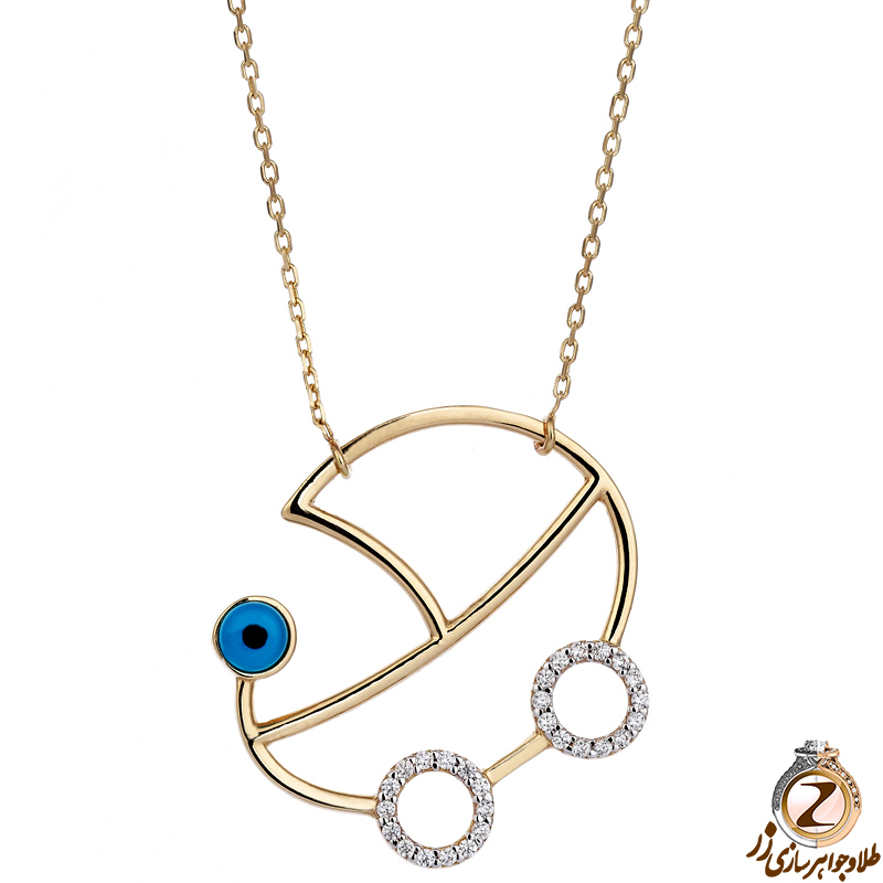 خرید و قیمت پلاک و آویز طلا کودک نوزادی طرح کالسکه با چشم نظر و جواهر الماس تراش برلیان - سایت زر