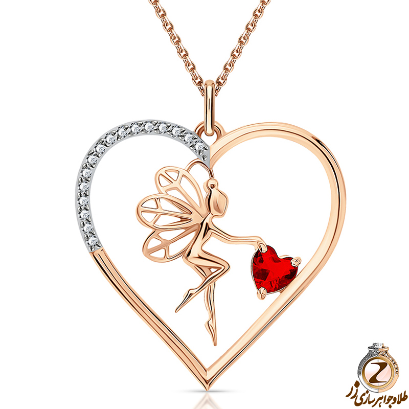 خرید پلاک و آویز قلب طلا کودک دخترانه نگین جواهر یاقوت سرخ و الماس تراش برلیان طرح آنجل به همراه قیمت آنلاین در سایت زر