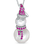 پلاک و آویز طلا کودک طرح آدم برفی و شالگردن با نگین جواهر یاقوت سرخ ، مروارید و الماس تراش برلیان مدل: pgb2258