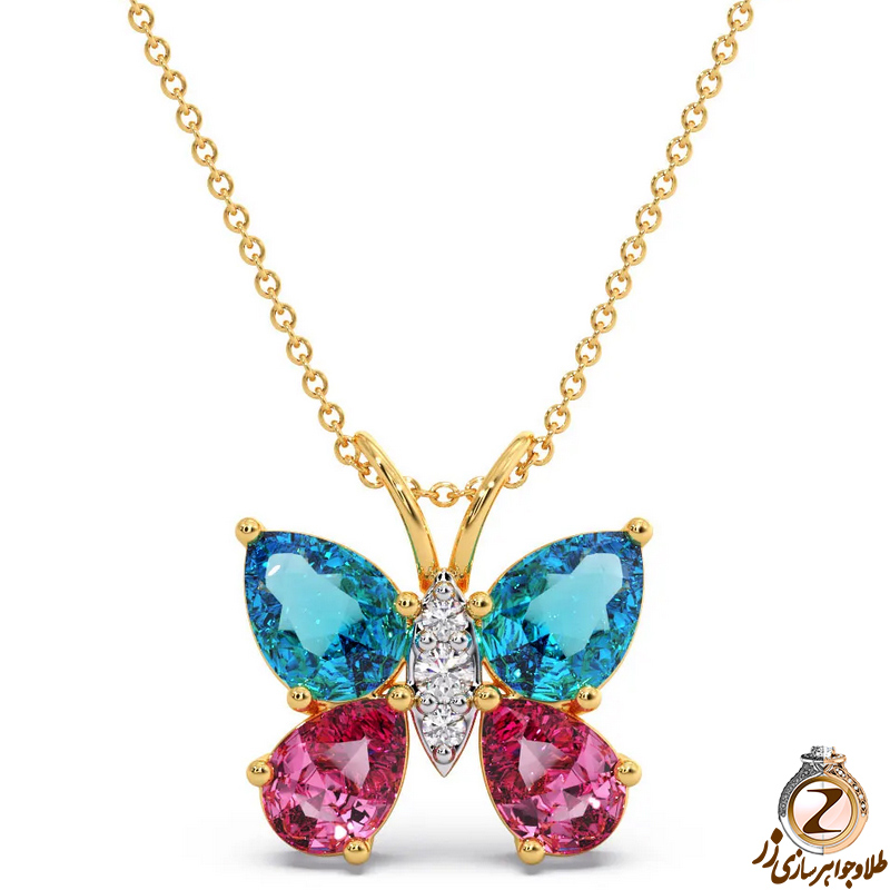 خرید و قیمت پلاک و آویز طلا کودک پروانه با جواهر توپاز آبی، تورمالین و الماس تراش برلیان طرح جدید - سایت زر