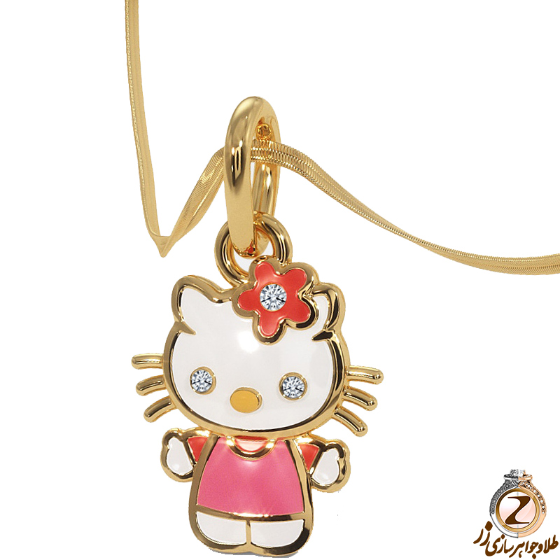 خرید پلاک و آویز طلا کودک دخترانه طرح کیتی مینا کاری شده با نگین جواهر الماس تراش برلیان به همراه قیمت در سایت زر