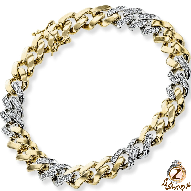 خرید دستبند زنجیری طلا مردانه جواهر نگین الماس تراش برلیان لاکچری طرح کارتیر دو رنگ به همراه قیمت در سایت زر