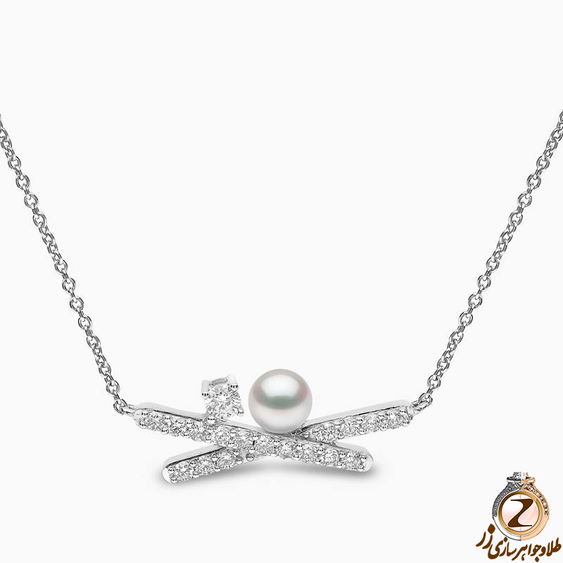 خرید گردنبند مروارید سفید و الماس تراش برلیان و طلا سفید زنانه 18 عیار طرح مینیمال جدید به همراه قیمت آنلاین در سایت زر