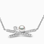 گردنبند مروارید سفید و الماس تراش برلیان و طلا سفید زنانه 18 عیار طرح مینیمال جدید مدل ndf200 