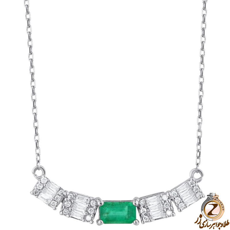 خرید و قیمت گردنبند طلا و جواهر زنانه ظریف و جدید با نگین زمرد و الماس تراش باگت و برلیان و طلا سفید زنانه 18 عیار - سایت زر
