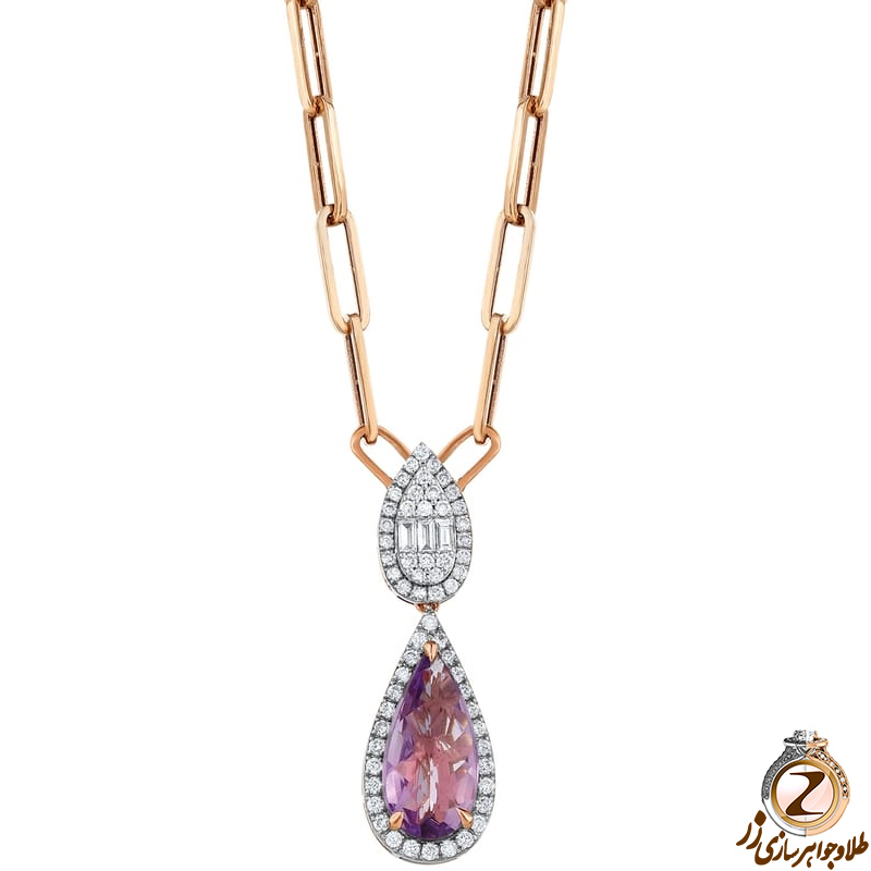 خرید و قیمت گردنبند آمیتیست طلا و جواهر زنانه ظریف و جدید نگین الماس تراش باگت و برلیان و طلا رزگلد 18 عیار - سایت زر