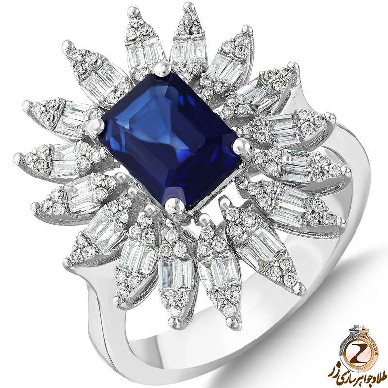 خرید انگشتر طلا زنانه جدید با نگین جواهر یاقوت کبود و الماس تراش باگت و برلیان طرح مجلسی به همراه قیمت - سایت زر