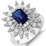 انگشتر طلا زنانه جدید با نگین جواهر یاقوت کبود و الماس تراش باگت و برلیان طرح مجلسی مدل: rgf18992 