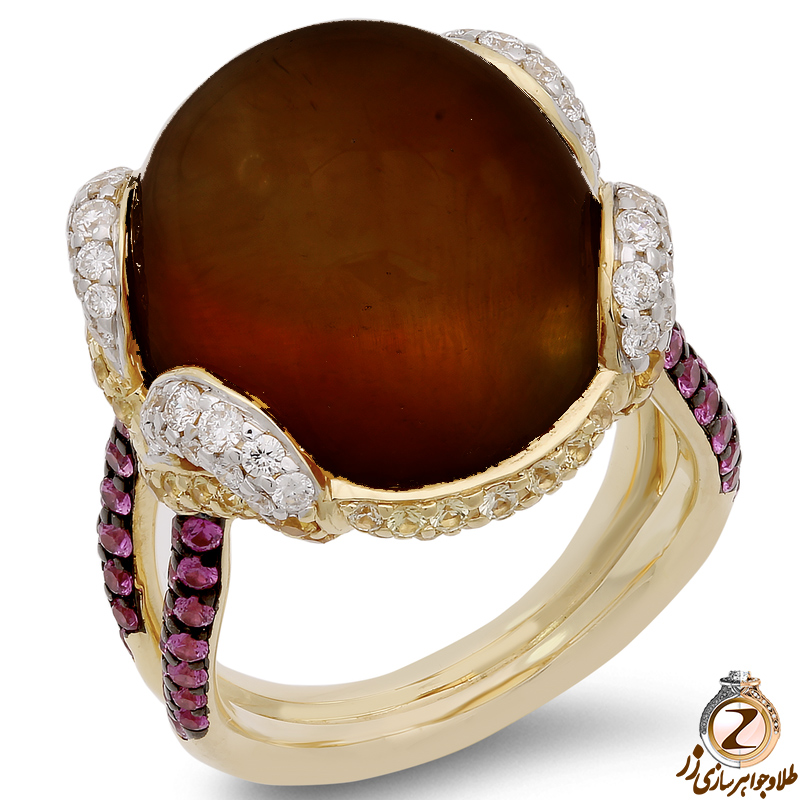 خرید و قیمت انگشتر عقیق زنانه طلا زرد 18 عیار با نگین جواهر الماس تراش باگت و برلیان طرح گنبدی و خاص - سایت زر
