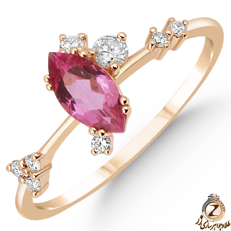 خرید و قیمت انگشتر ظریف زنانه طلا زرد 18 عیار با نگین جواهر برلیان و یاقوت سرخ طرح مینیمال و جدید - سایت زر
