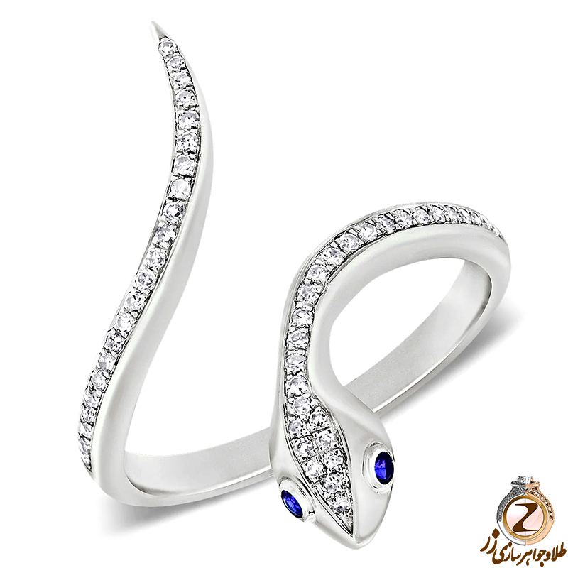 خرید انگشتر طلا زنانه جدید طرح مار با طلای سفید 18 عیار  و جواهر الماس تراش برلیان و یاقوت کبود به همراه قیمت در سایت زر