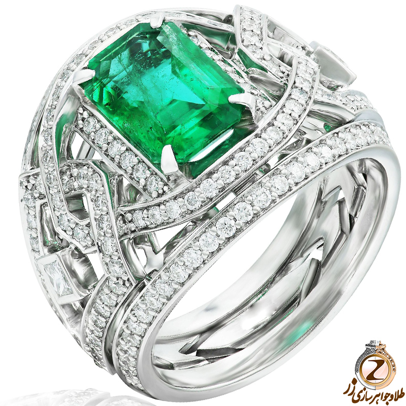 خرید انگشتر طلا سفید زنانه جدید بزرگ جواهر الماس تراش برلیان و زمرد طرح مجلسی به همراه قیمت در سایت زر