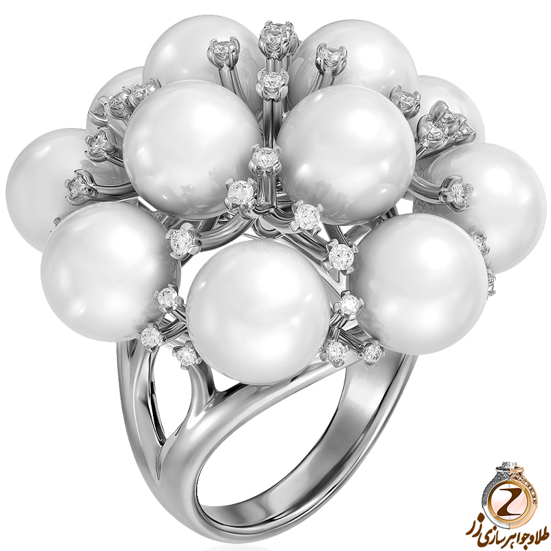 خرید و قیمت انگشتر طلا سفید زنانه جدید بزرگ جواهر الماس تراش برلیان و مروارید طرح مجلسی - سایت زر