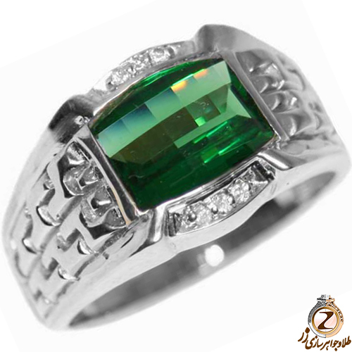 خرید و قیمت انگشتر مردانه طلا سفید با نگین زمرد و الماس تراش برلیان طرح کلاسیک - سایت زر