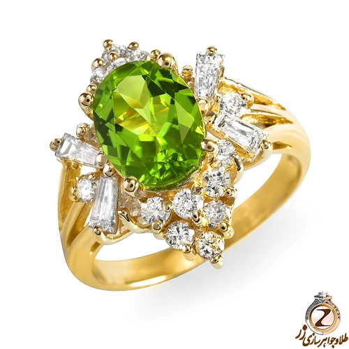 قیمت انگشتر جواهر زنانه طلا زرد 18 عیار زبرجد و الماس برش برلیان و باگت - سایت زر