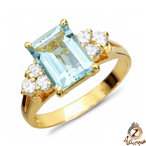 خرید انگشتر جواهر آکوامارین و الماس برش برلیان و طلای زرد 18 عیار برای بانوان مینیمال پسند - سایت زر