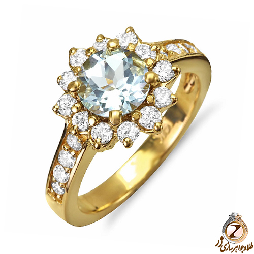 انگشتر جواهر زنانه طرح گل آکوامارین و برلیان