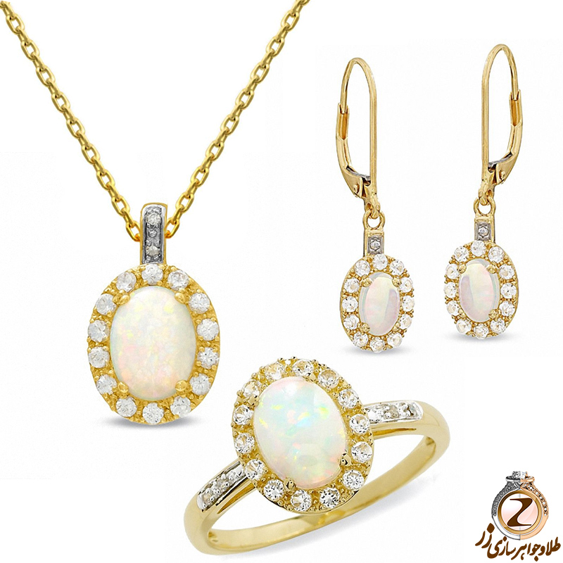 تصویر نیم ست آویز، گوشواره و انگشتر با نگین اپال و الماس تراش برلیان 
