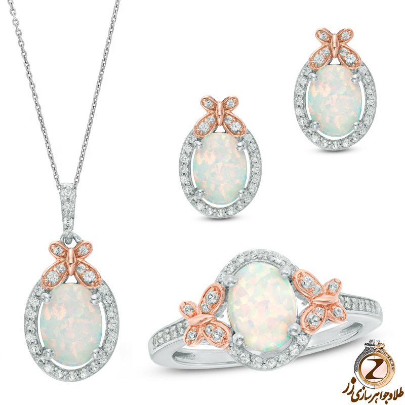 خرید مدل نیم ست طرح پروانه طلا زنانه جدید جواهر نگین اوپال شیری و الماس تراش برلیان - قیمت در سایت زر