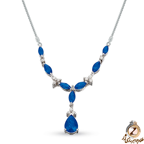 مدل گردنبند طلا سفید زنانه جواهر با نگین یاقوت کبود و الماس تراش برلیان