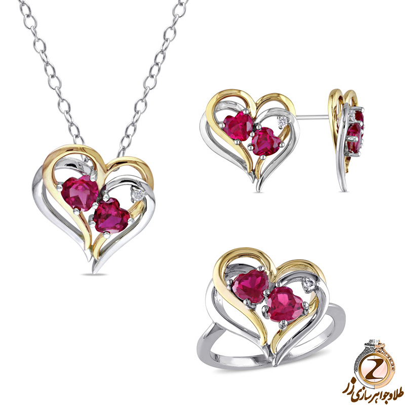 خرید و قیمت نیم ست قلب دو تایی طلا زنانه جدید جواهر با نگین یاقوت قرمز و الماس تراش برلیان - سایت زر