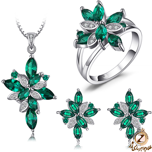 خرید نیم ست طلای سفید و جواهر زنانه با نگین زمرد و الماس تراش برلیان به همراه قیمت در سایت زر