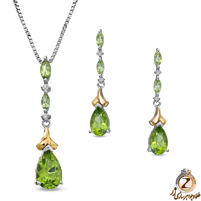 خرید و قیمت نیم ست آویز و گوشواره طلا و جواهر زنانه با نگین زبرجد و الماس تراش برلیان در سایت زر