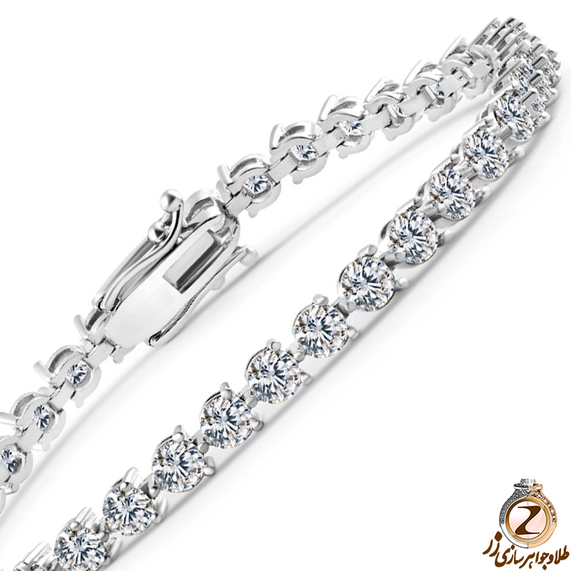 دستبند تنیسی جواهر با نگین الماس تراش برلیان با طلای سفید 18 عیار 