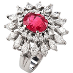 انگشتر گل طلا زنانه جواهر نگین یاقوت قرمز و الماس تراش مارکیز و برلیان طرح خاص و لاکچری مدل:rgf1766